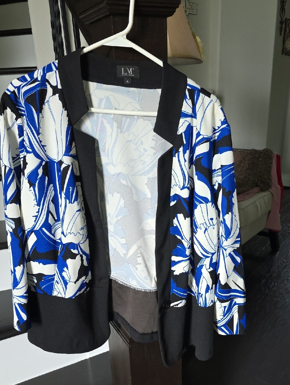 Floral Open-Front Blazer Jacket - Blue, Black & White